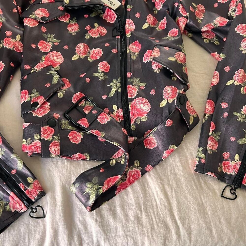 For Love & Lemons Wren Vegan Leather Moto Jacket Floral Rose Romantic Grunge new - Picture 7 of 7